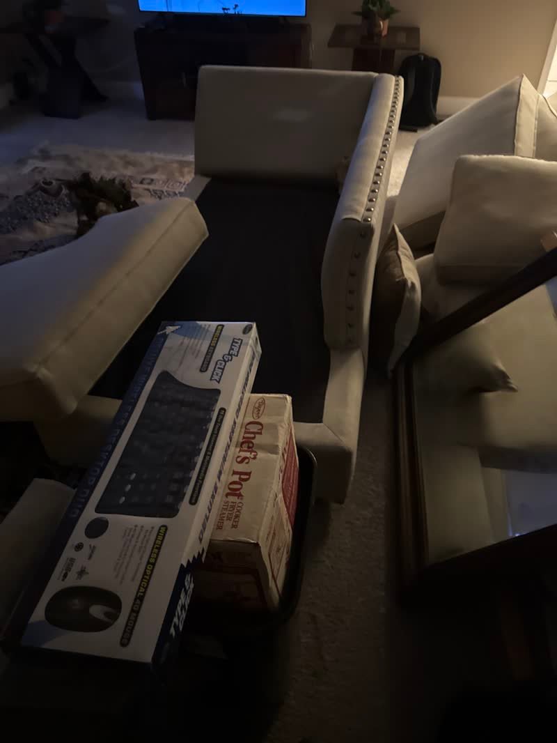 Treadmill and boxed exercise equipment staged in a living room ready for removal