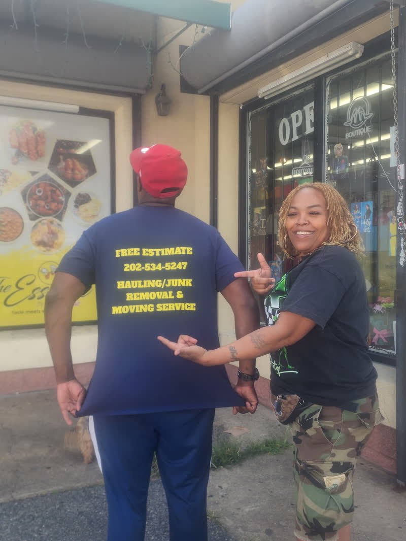 Back of a Rich Brothers work shirt reading Free Estimate, 202-534-5247, Hauling, Junk Removal and Moving Service